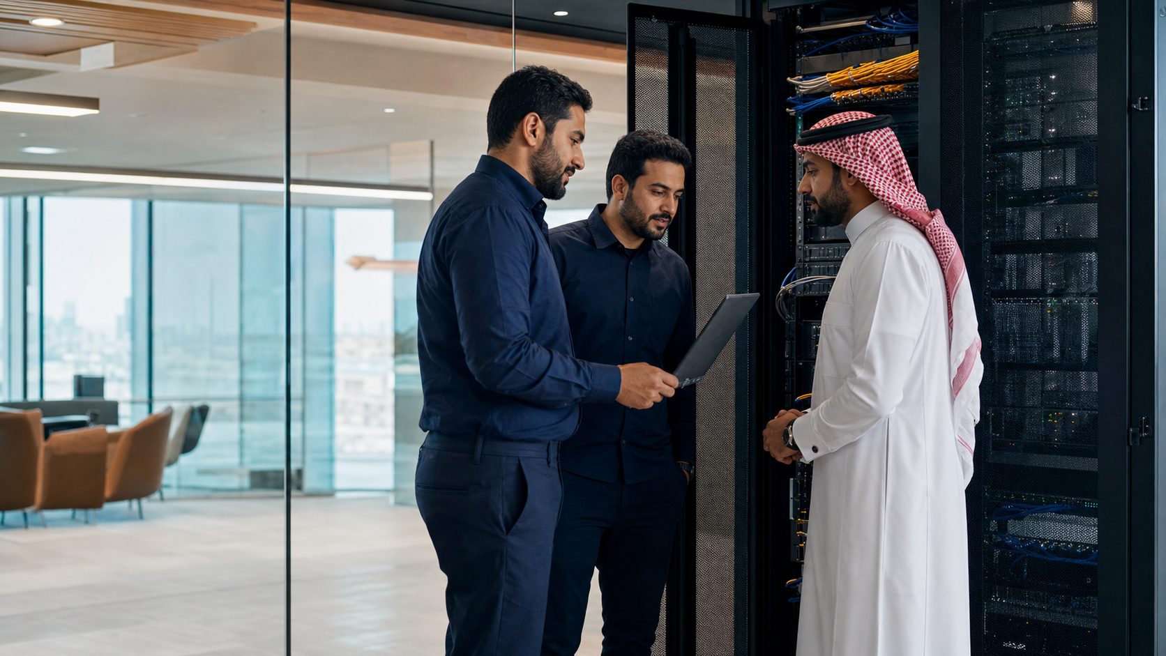 Nectar engineers reviewing a client network deployment in Saudi Arabia