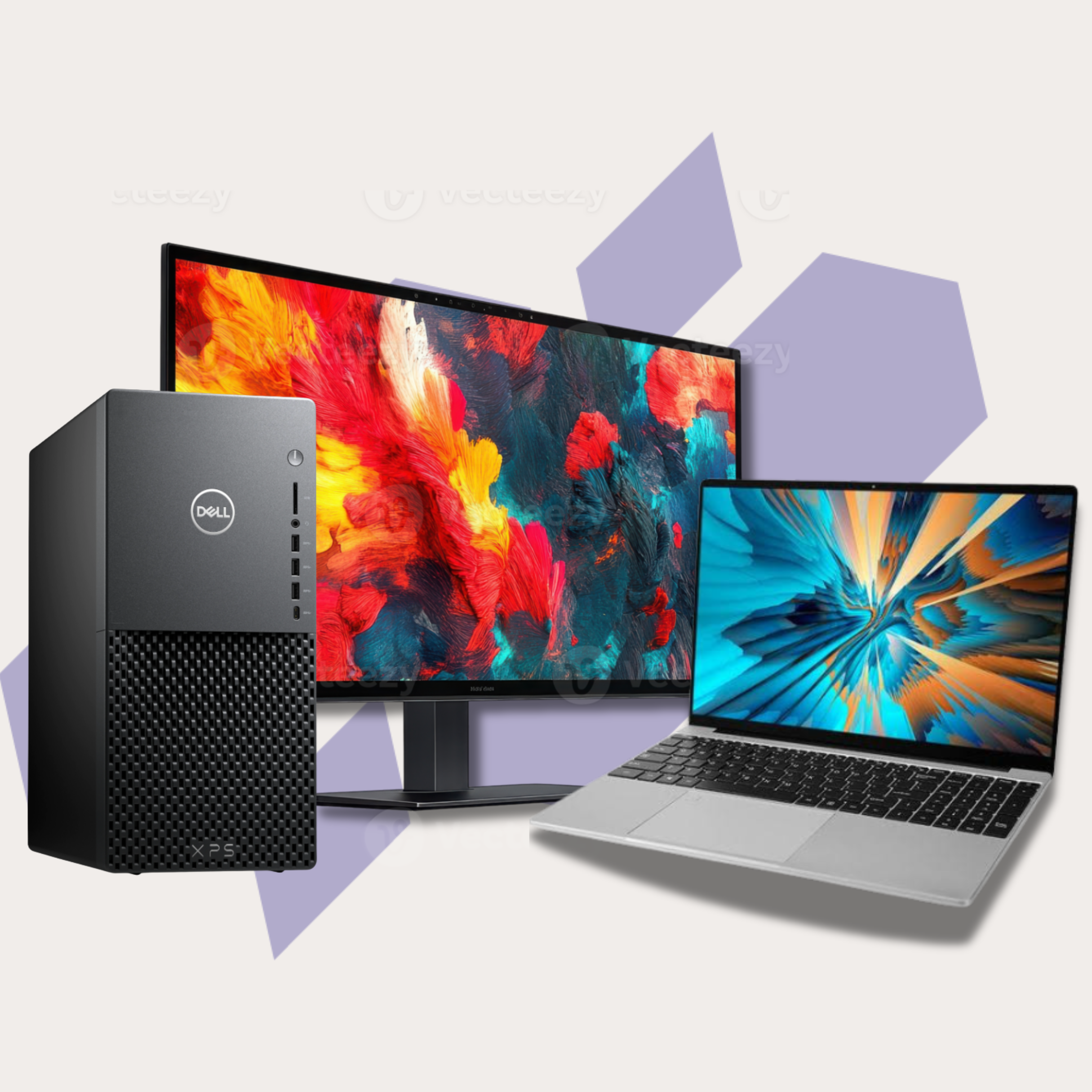 Laptop, Desktop & Monitor.